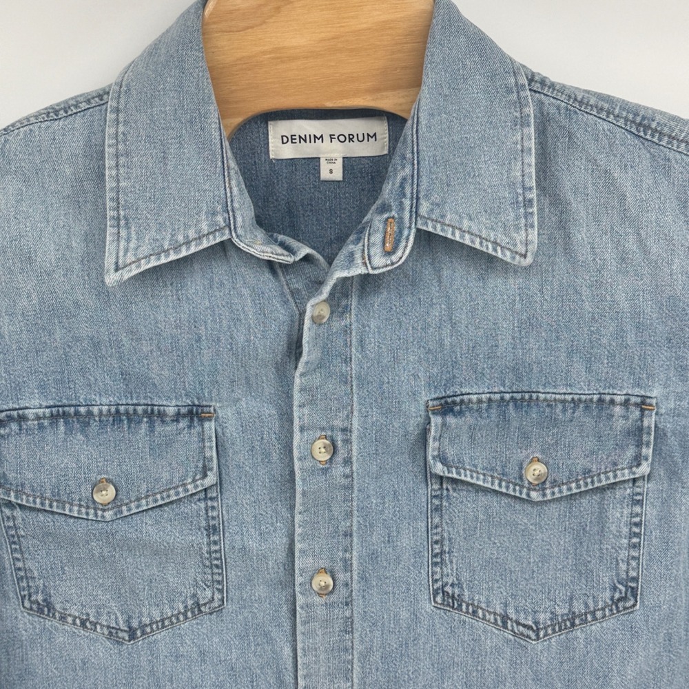 Denim Forum Mens Light Wash Cotton Hemp Denim Work Shirt Small 111963 FA23